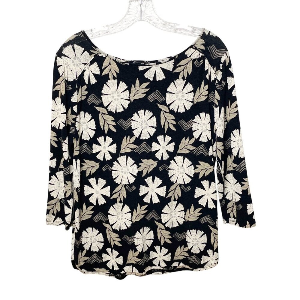 Lucky Brand Black/Off White Floral Linen Blend Blouse Women’s Size Medium